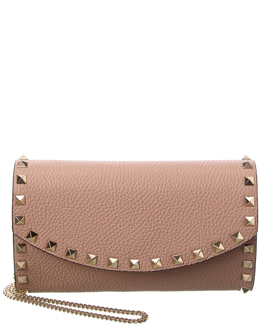 Valentino Rockstud Mini Grainy Leather Wallet On Chain In Brown