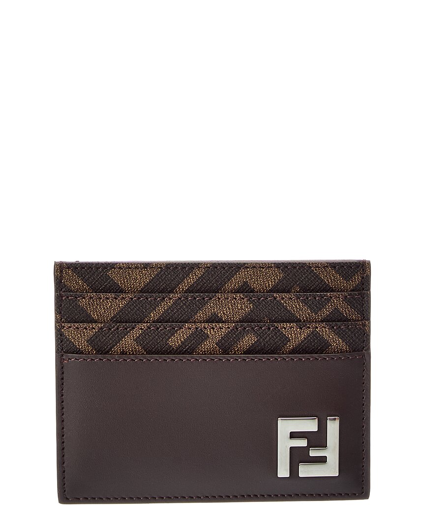 Fendi Ff Squared Canvas & Leather Card Case In Brown