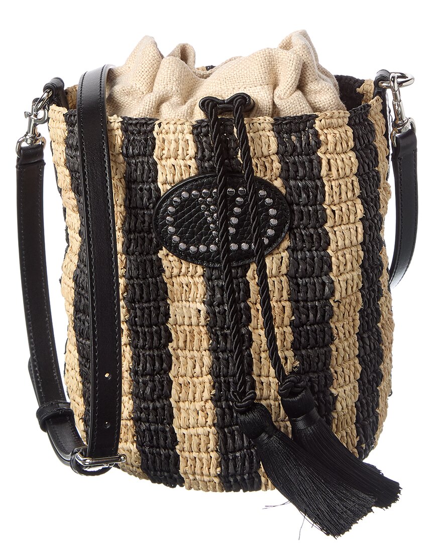 Valentino Black/Silver Vlogo Signature Small Raffia Bucket Bag