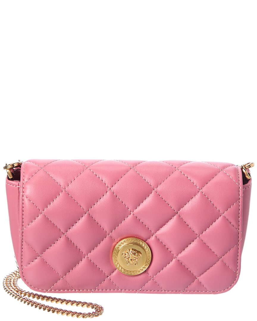 Versace Iconic Leather Wallet On Chain In Pink