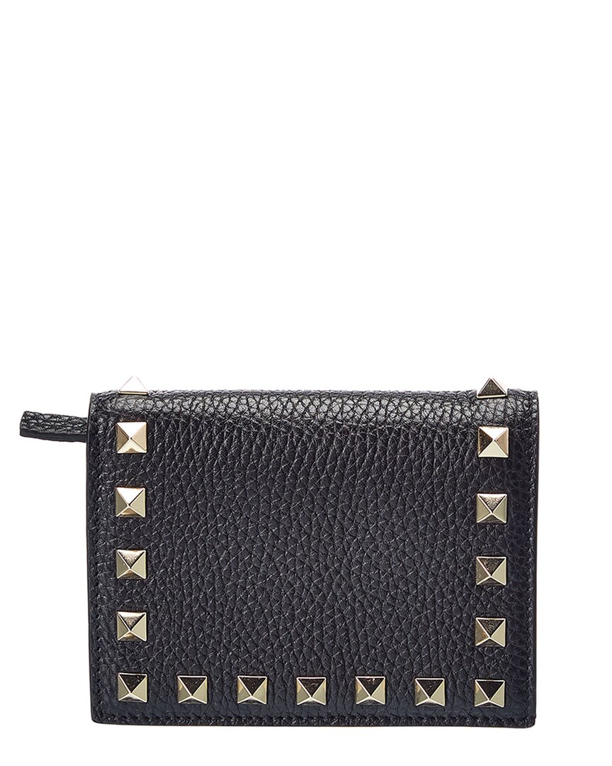 Valentino Rockstud Grainy Leather Card Holder In Black