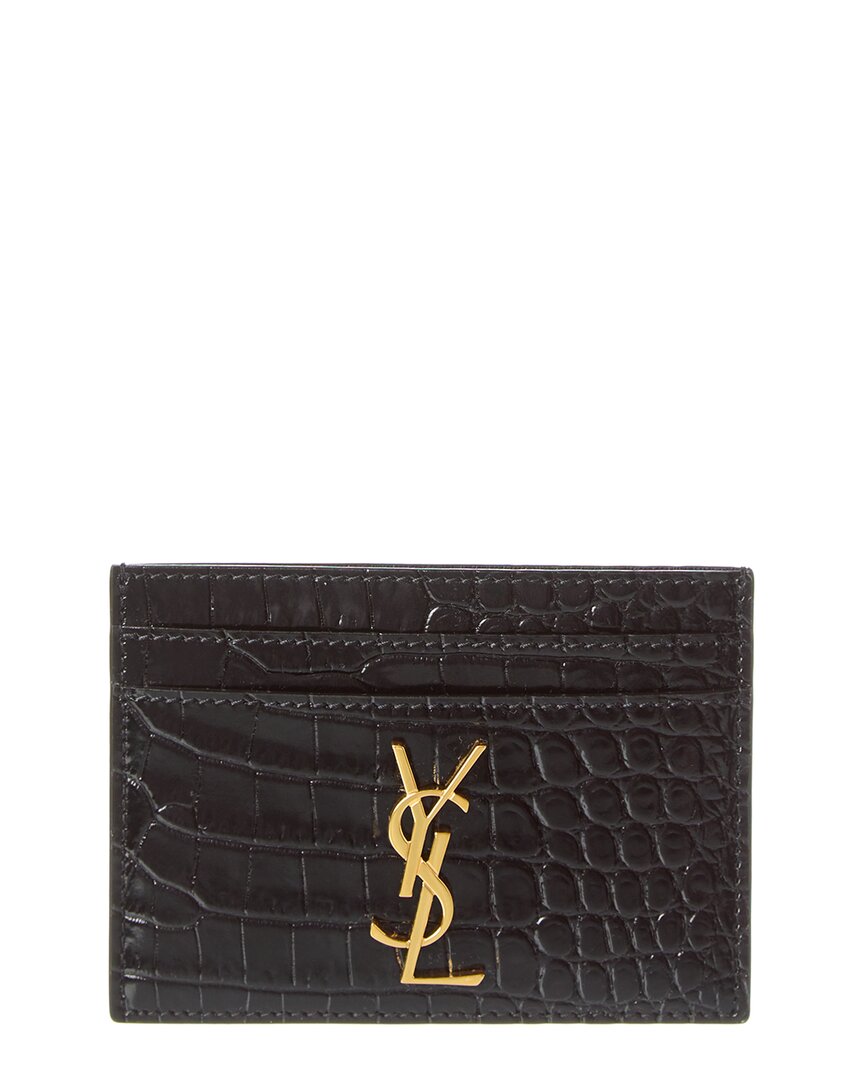 Saint Laurent Cassandre Croc-embossed Leather Card Case In Black