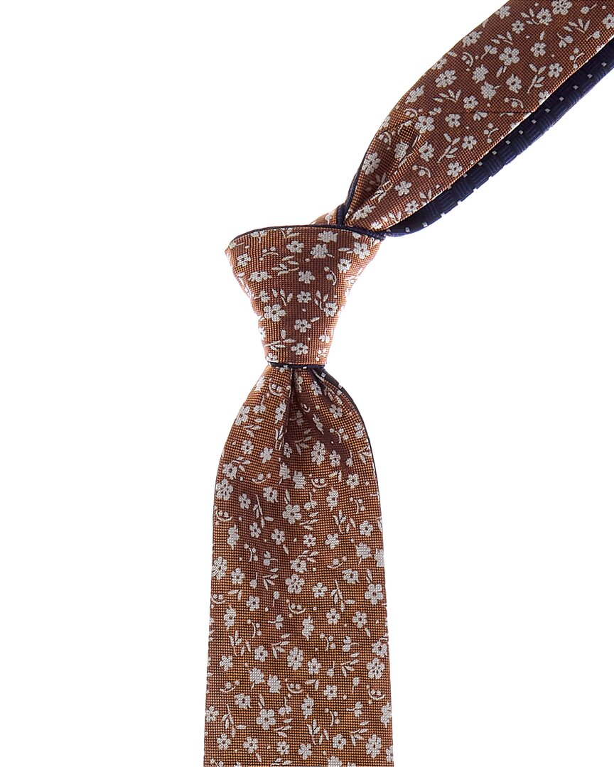 Canali Orange Floral/navy Squares Reversible Silk Tie