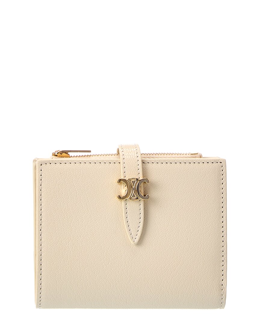 Celine Triomphe Leather Compact Wallet In White