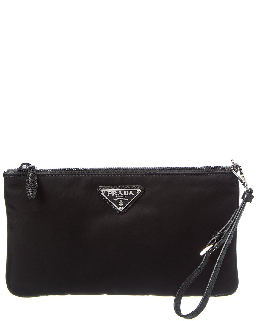 Prada Logo Nylon & Saffiano Leather Pouch In Black