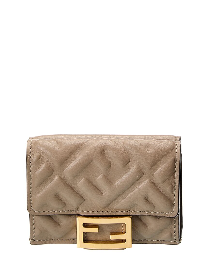 Fendi Micro Trifold Leather Wallet In Beige