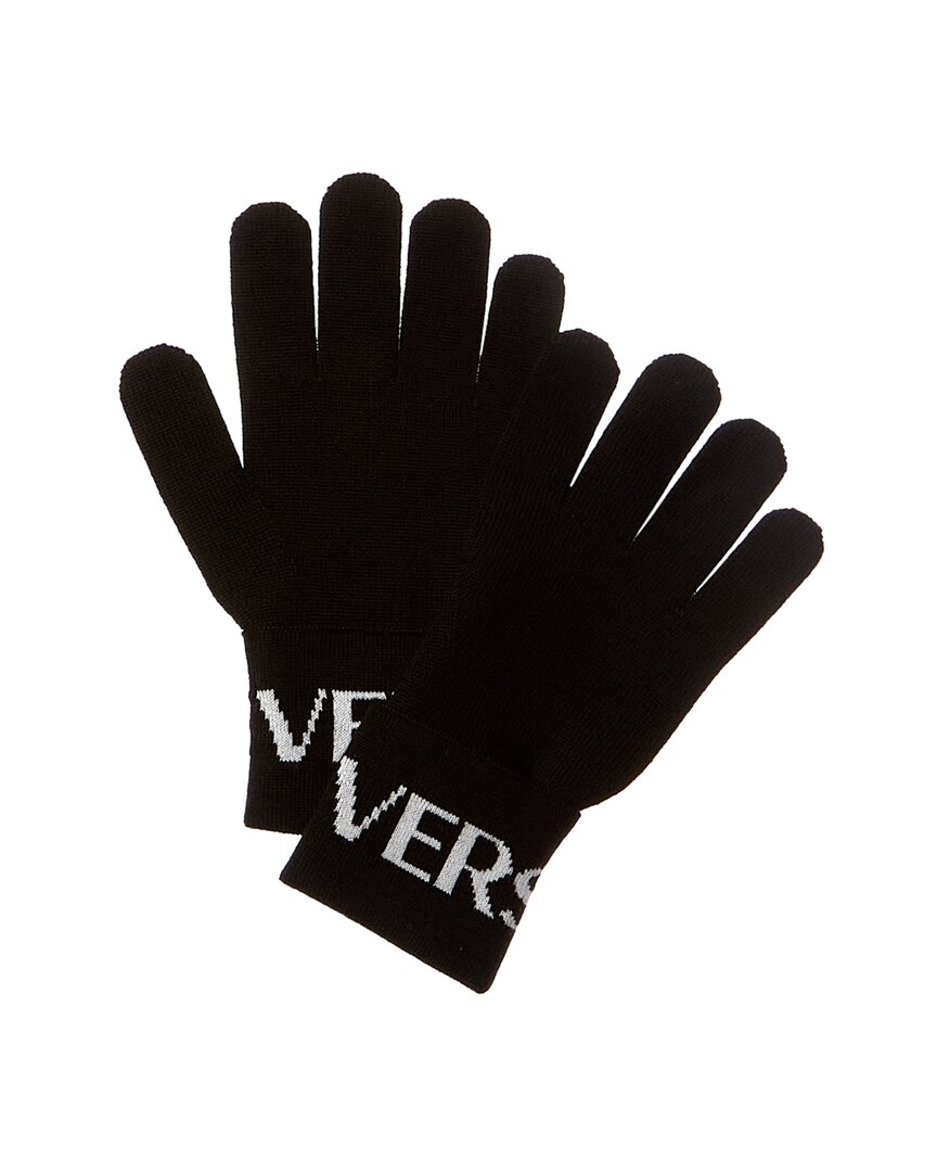 Shop Versace Intarsia Knit Logo Wool-blend Gloves In Black