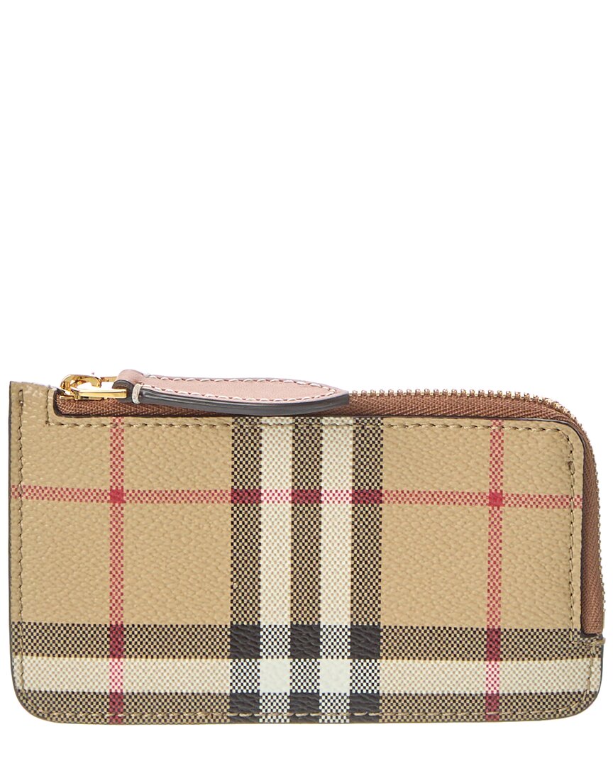 Burberry Check E-canvas & Leather Coin Case With Strap In Beige