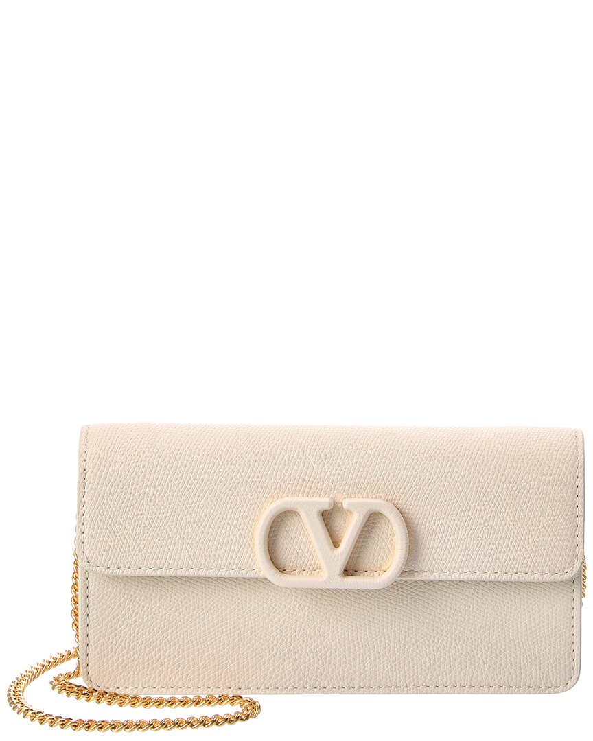 Valentino Gold/White Vlogo Signature Leather Wallet On Chain