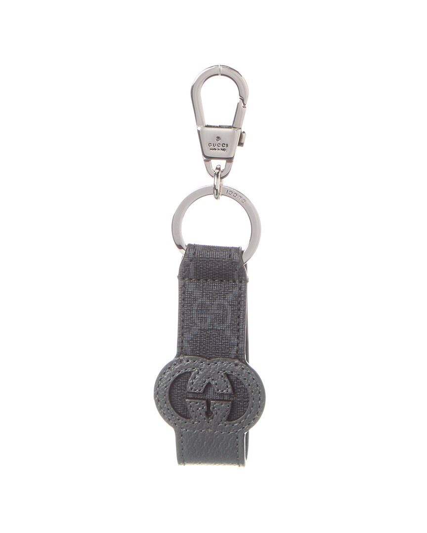 Shop Gucci Cutout Interlocking G Gg Supreme Canvas & Leather Keychain In Grey