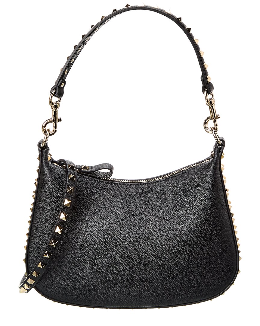 Shop Valentino Rockstud Small Grainy Leather Hobo Bag In Black