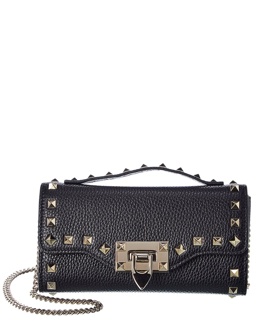 Valentino Rockstud Grainy Leather Wallet On Chain In Black