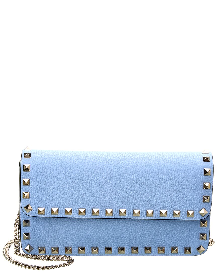 Shop Valentino Rockstud Grainy Leather Wallet On Chain In Blue