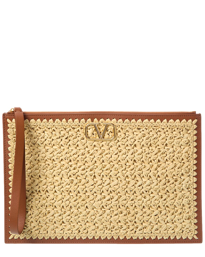 Valentino Garavani Valentino Vlogo Signature Raffia & Leather Pouch In Brown