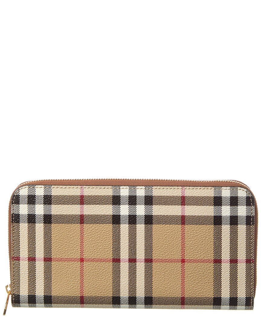 Burberry Check E-canvas Zip Around Wallet In Beige