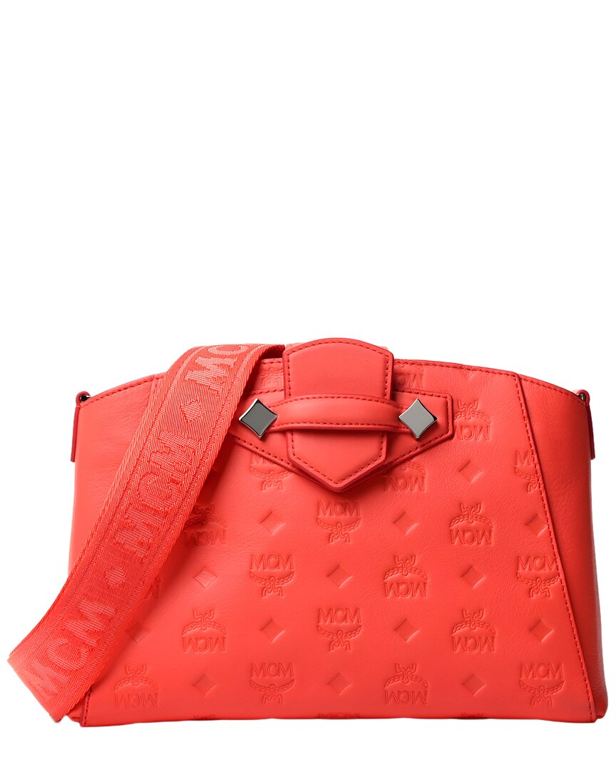 Mcm Hot Coral Monogram Leather Small Essential Crossbody Bag In Orange