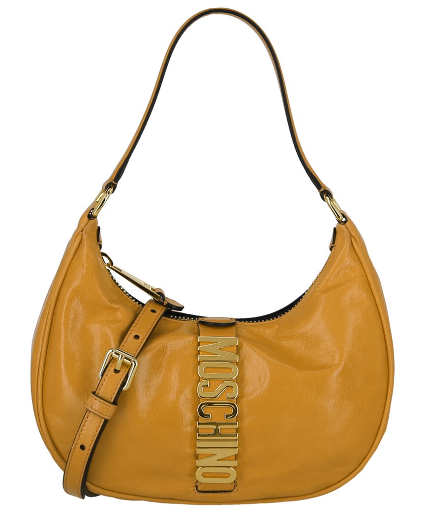 Shop Moschino Logo Leather Shoulder Bag In Beige