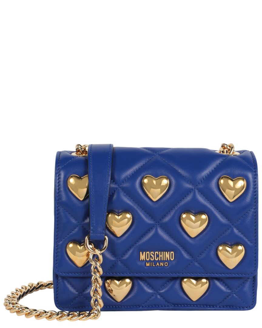 Moschino Heart Studs Quilted Leather Crossbody In Blue