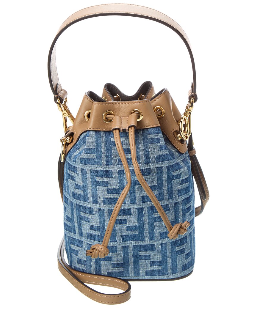 Fendi Mon Tresor Mini Ff Denim & Leather Bucket Bag In Blue
