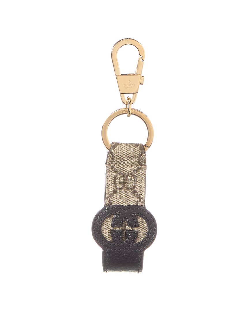 Shop Gucci Cutout Interlocking G Gg Supreme Canvas & Leather Keychain In Black
