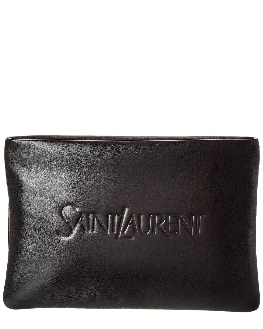 Shop Saint Laurent Small Puffy Leather Pouch In Black