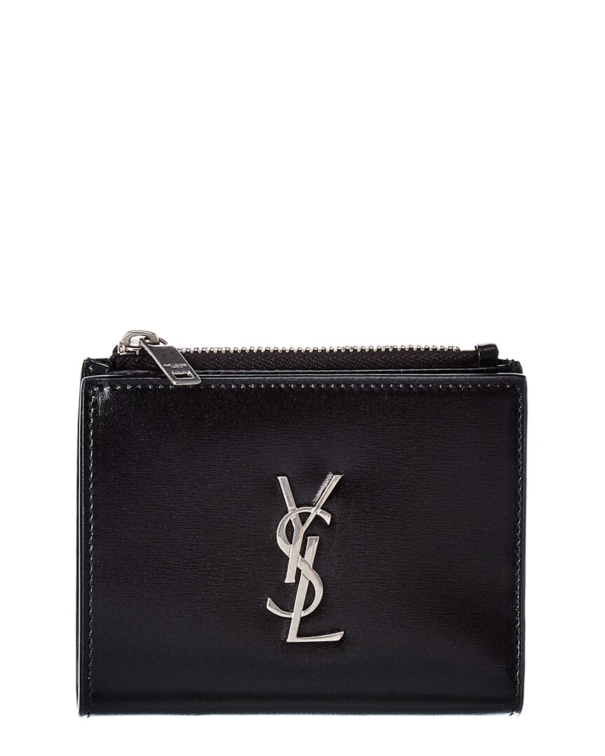 Shop Saint Laurent Monogram Zippered Leather Card Case In Black