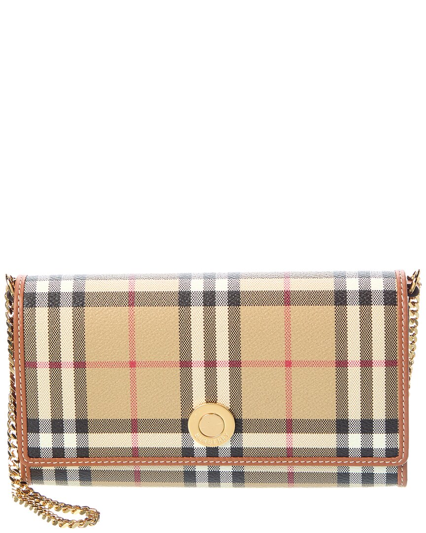 Burberry Check E-canvas & Leather Wallet On Chain In Brown