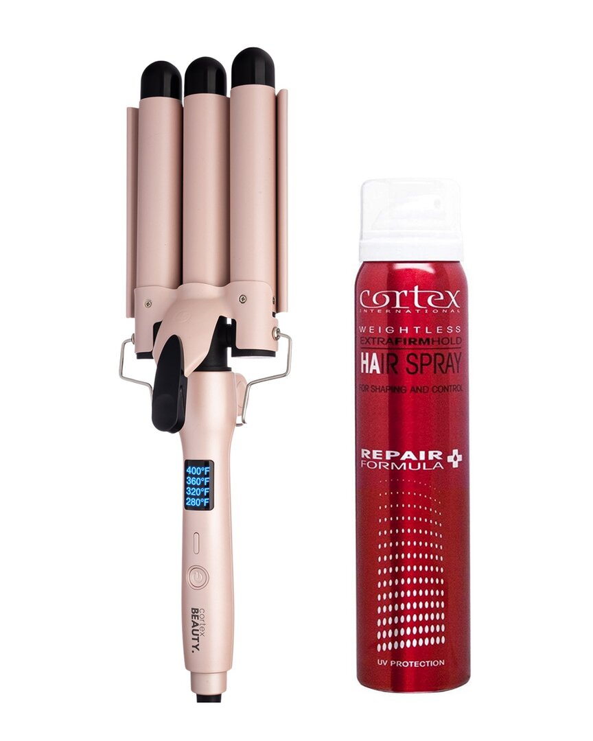 Cortex Beauty Cortex Digital Wave Maker 1 Foldable Three Barrel Waver & Hairspray Set In Pink