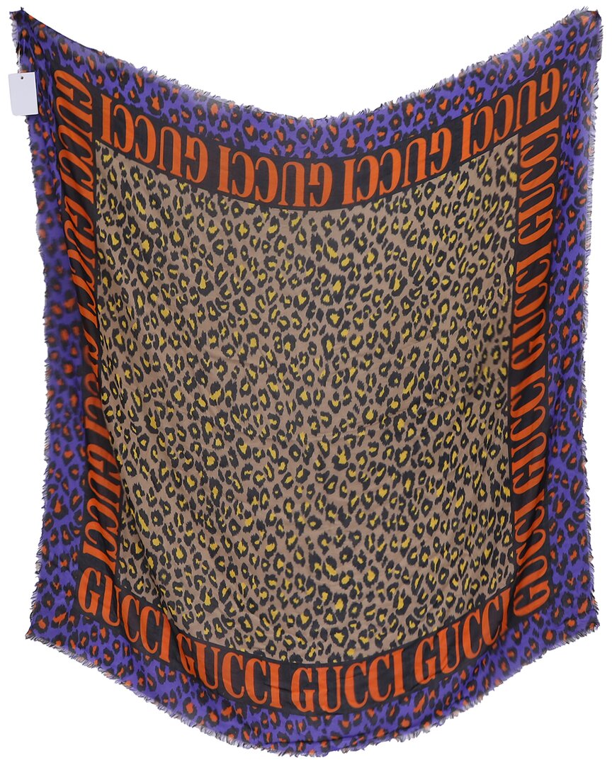 Gucci Print Logo Silk Scarf In Brown