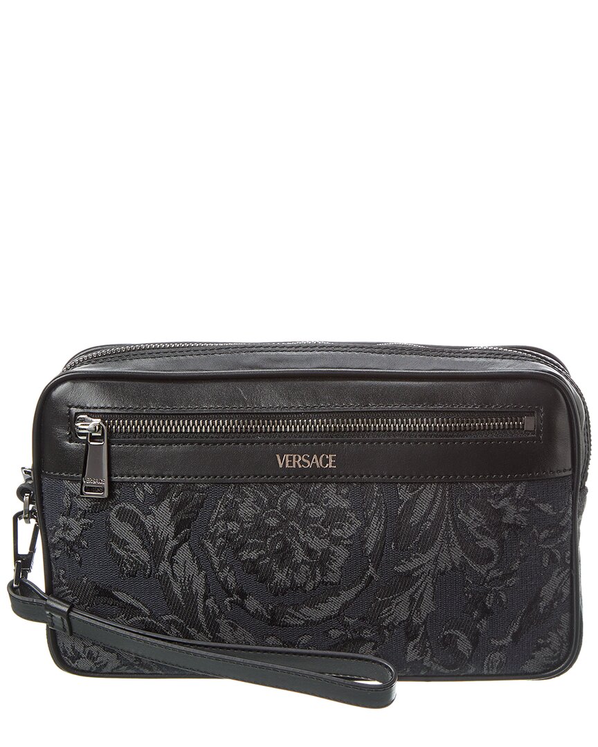Versace Barocco Jacquard & Leather Pouch In Black
