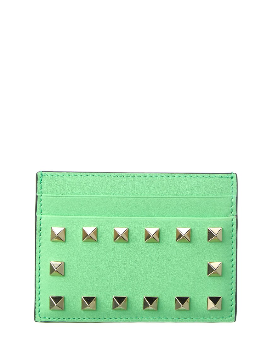 Shop Valentino Rockstud Leather Card Holder In Green