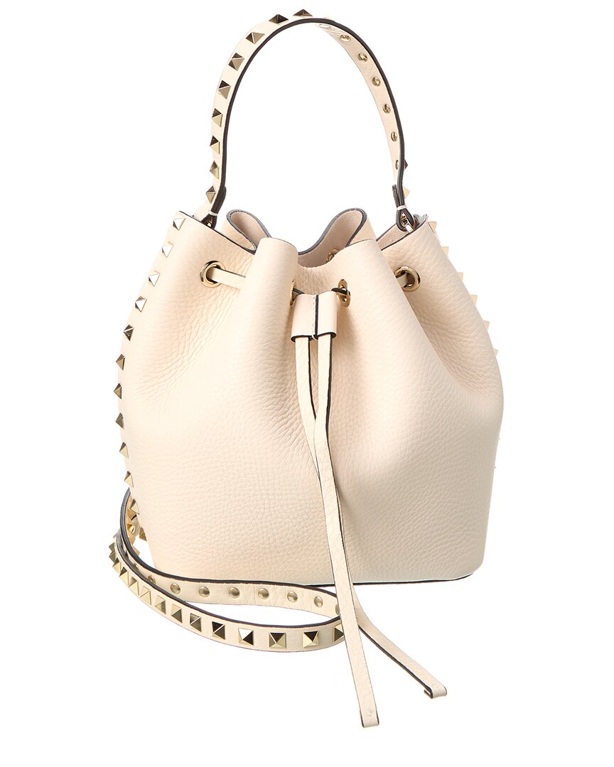 Valentino Rockstud Drawstring Leather Bucket Bag In White