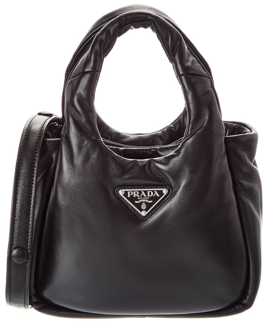 Prada Logo Padded Small Leather Tote In Black