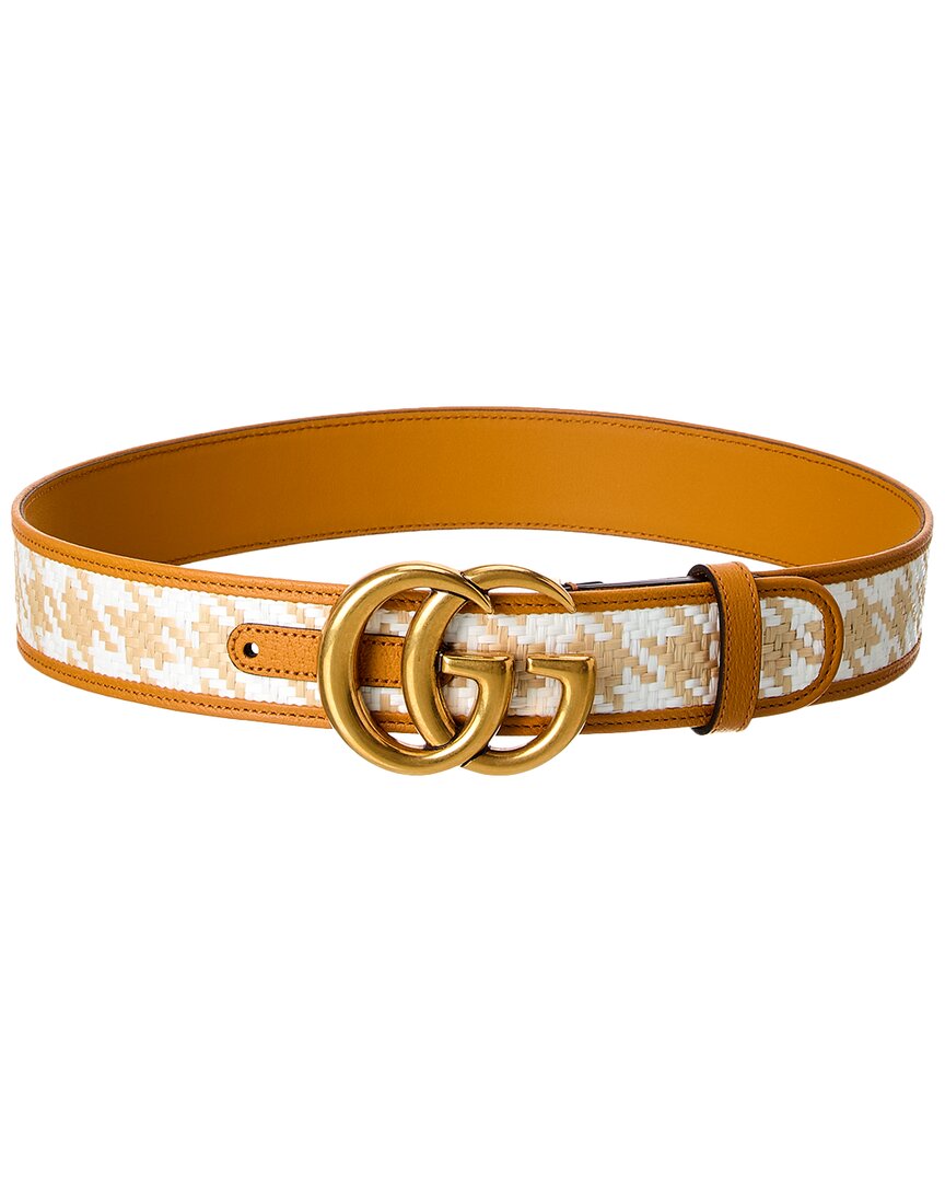 Gucci Gg Straw & Leather Belt In Brown