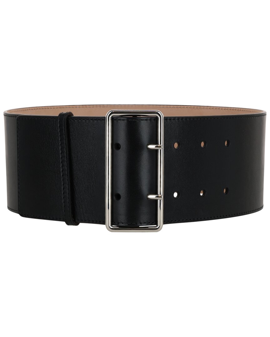 Alexander Mcqueen Leather Belt With Silver-tone Buckle 85mm In Black