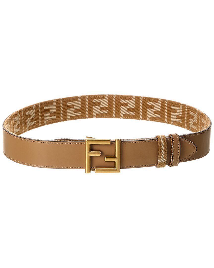 Fendi Ff Reversible Denim Jacquard & Leather Belt In Sand