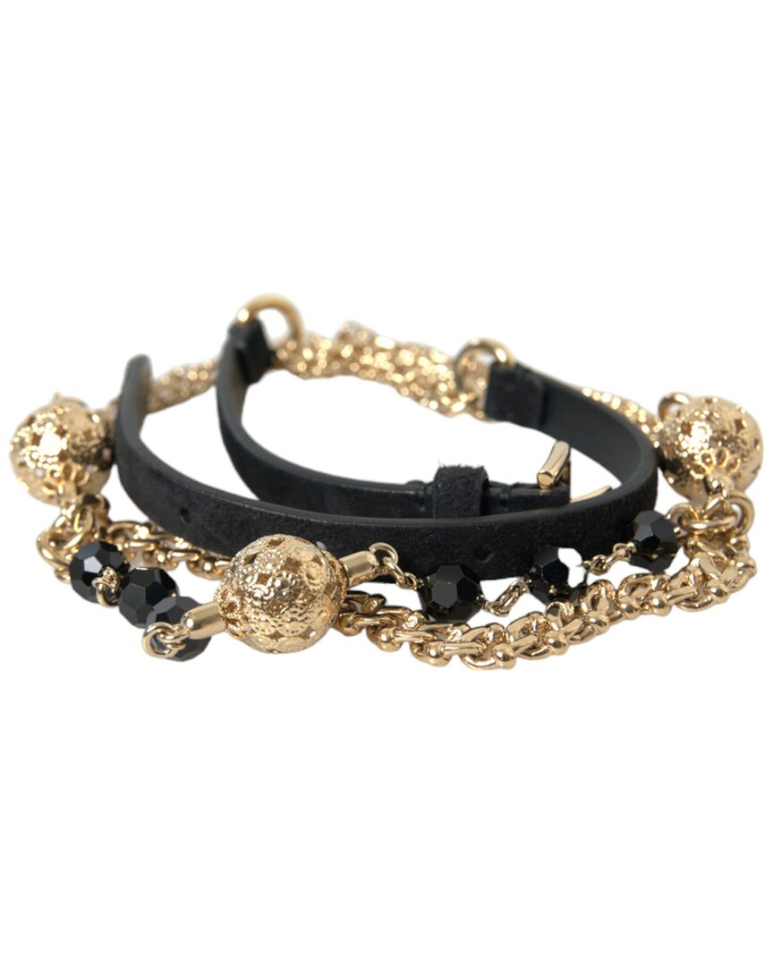 Dolce & Gabbana Black Suede Gold Chain Crystal Waist Belt In Black