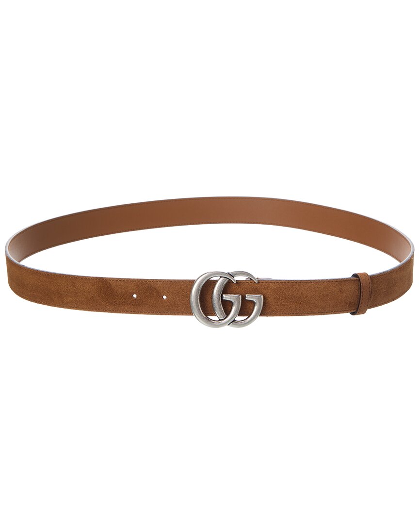 Gucci Gg Marmont Thin Suede Belt In Brown