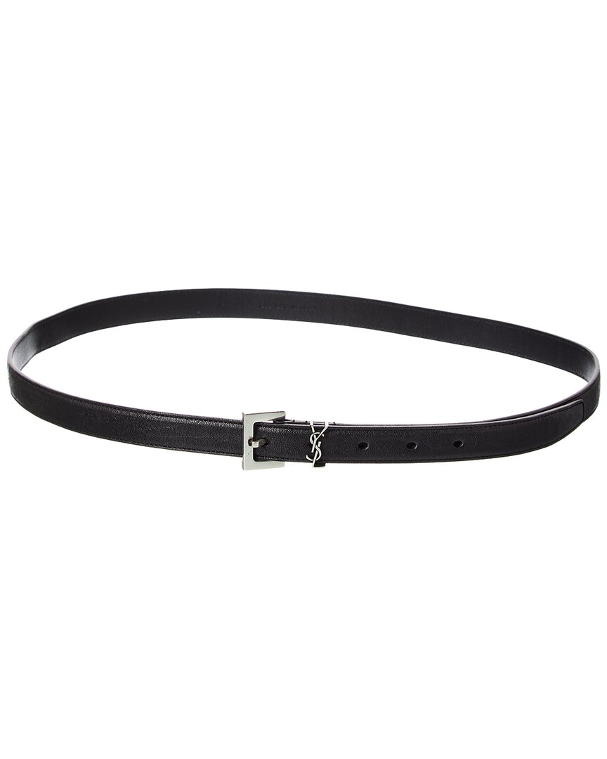 Saint Laurent Cassandre Thin Leather Belt In Black