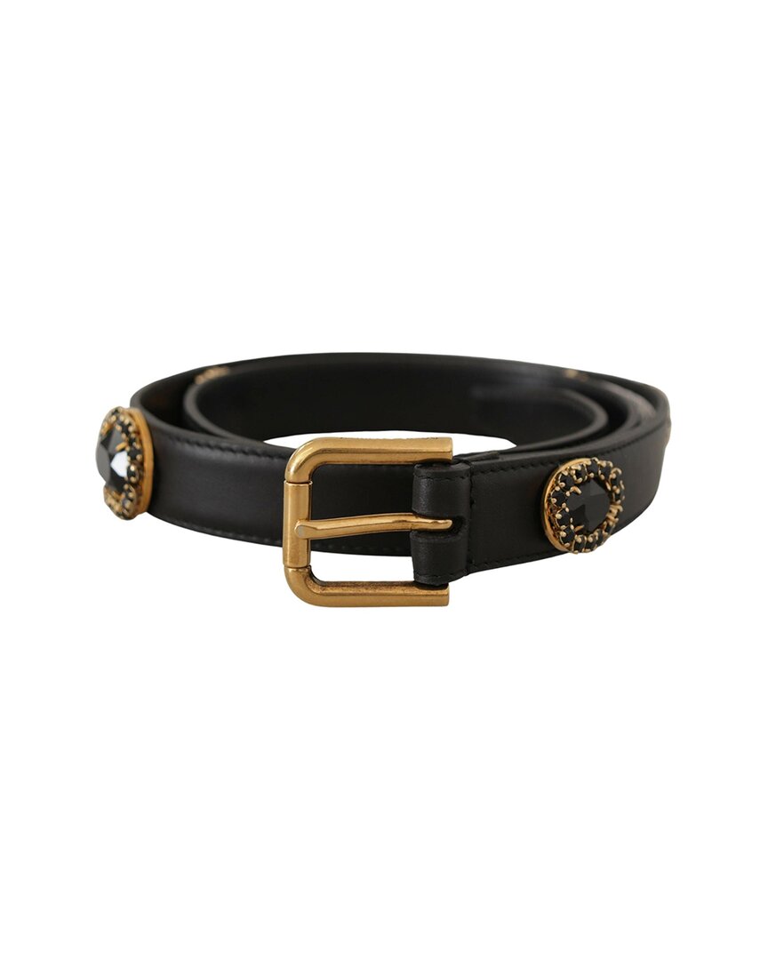 Dolce & Gabbana Black Leather Embellished Crystal Logo Belt