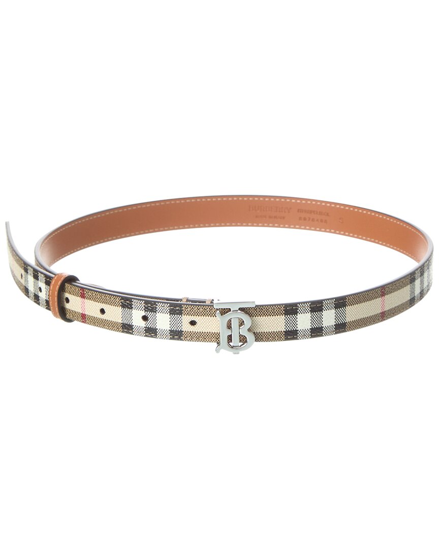 Shop Burberry Check Tb E-canvas & Leather Belt In Brown