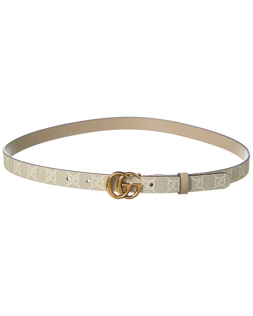 Gucci Gg Marmont Thin Reversible Gg Supreme Canvas & Leather Belt In Beige