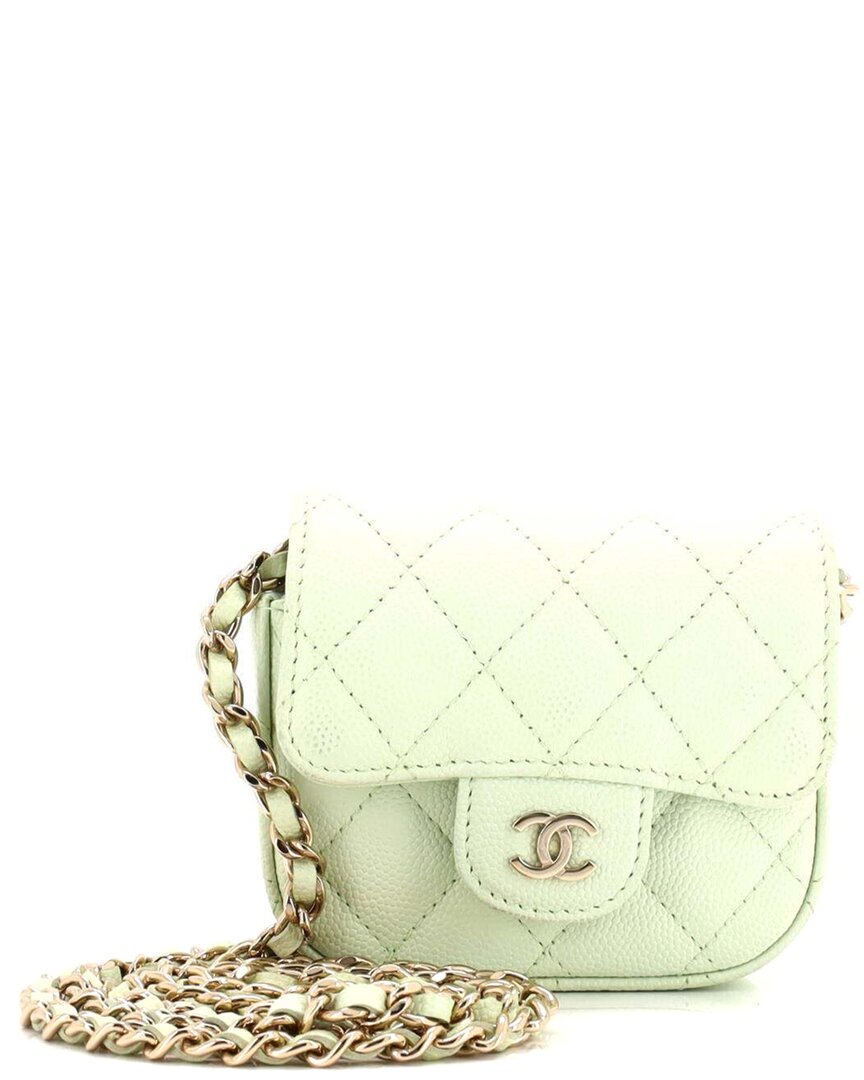 CHANEL Pre-owned Green Quilted Caviar Leather Classic Square Flap Clutch With Chain Mini (authentic Pre-loved