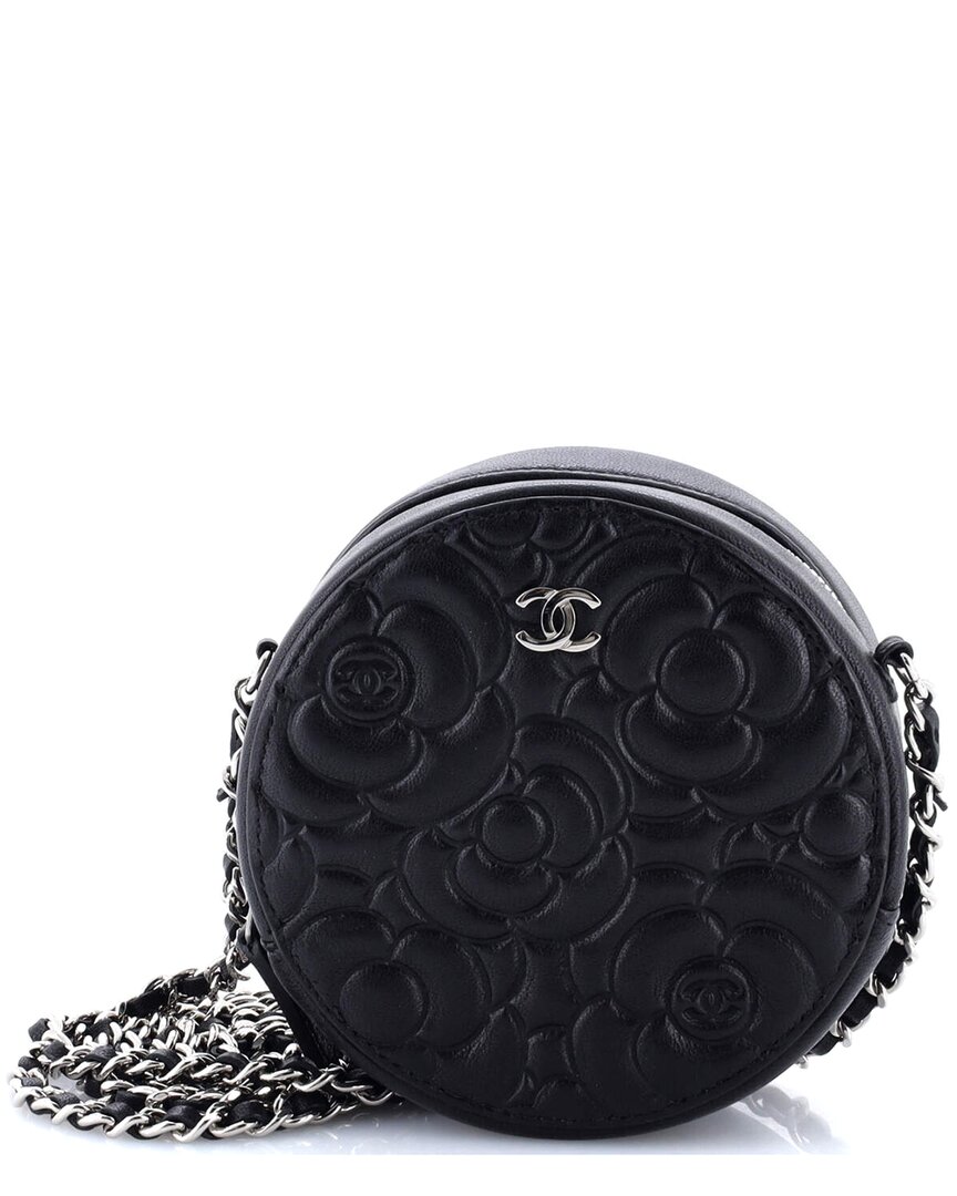 CHANEL Pre-owned Black Goatskin Round Clutch With Chain Camellia Goatskin Mini (authentic Pre-loved)