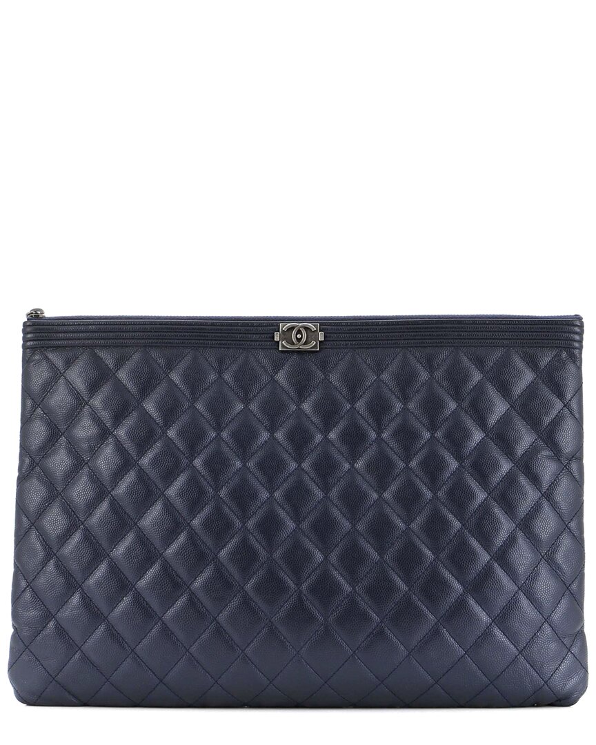 CHANEL Pre-owned Blue Caviar Leather Boy O Case Clutch Large (authentic Pre-loved)