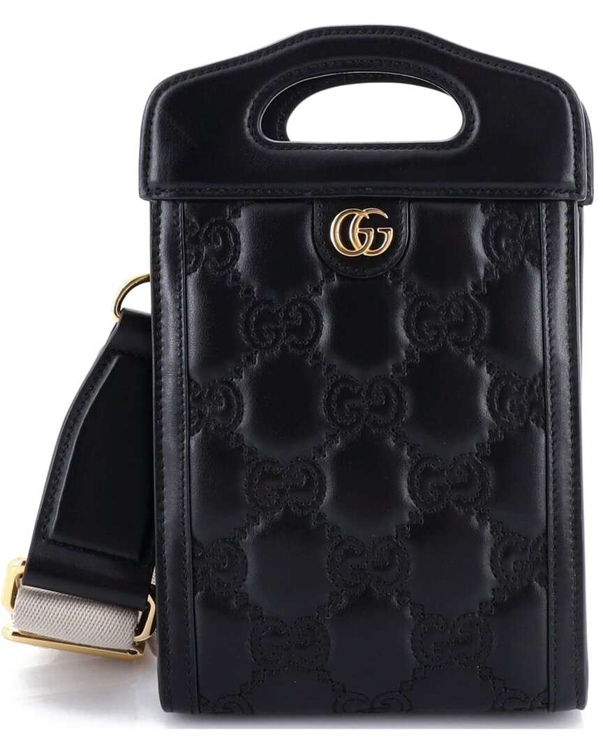 Gucci Black Sheep Leather Top Handle Crossbody Gg Matelasse Mini (authentic Pre-loved)