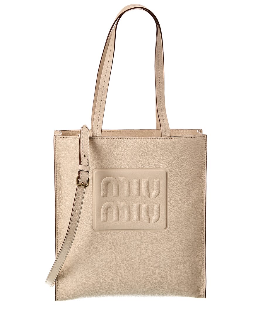Miu Miu Adjustable Strap Leather Shopping Bag In White