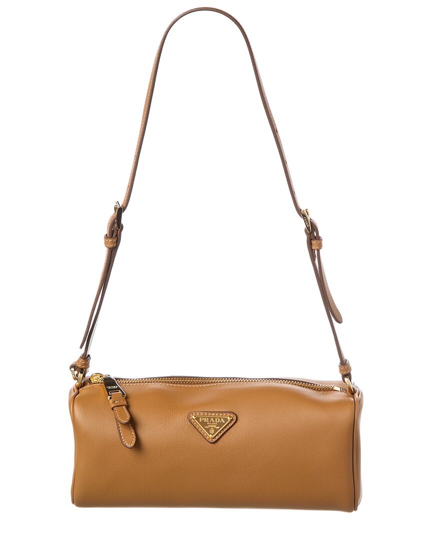 Prada Logo Leather Crossbody In Beige