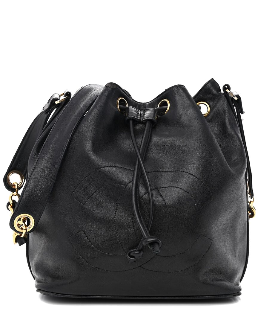 Chanel Black Lambskin Leather CC Stitched Drawstring Bucket Bag (Authentic Pre-Loved)