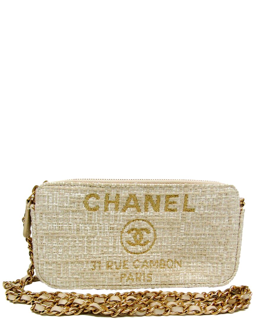 Pre-owned Chanel Light Beige & Off-white Tweed Chain/shoulder Wallet (authentic )
